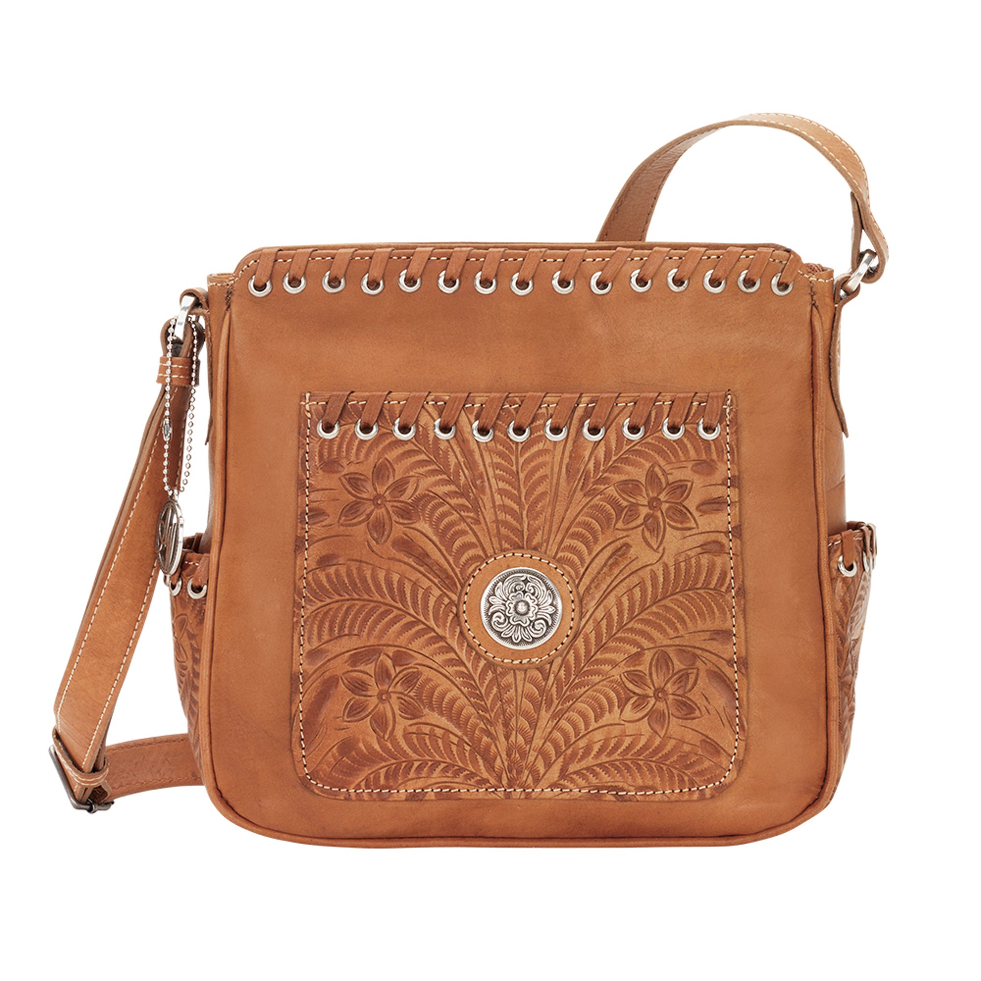 Montana West Genuine Leather Tooled Collection Fringe Crossbody Bag - Brown